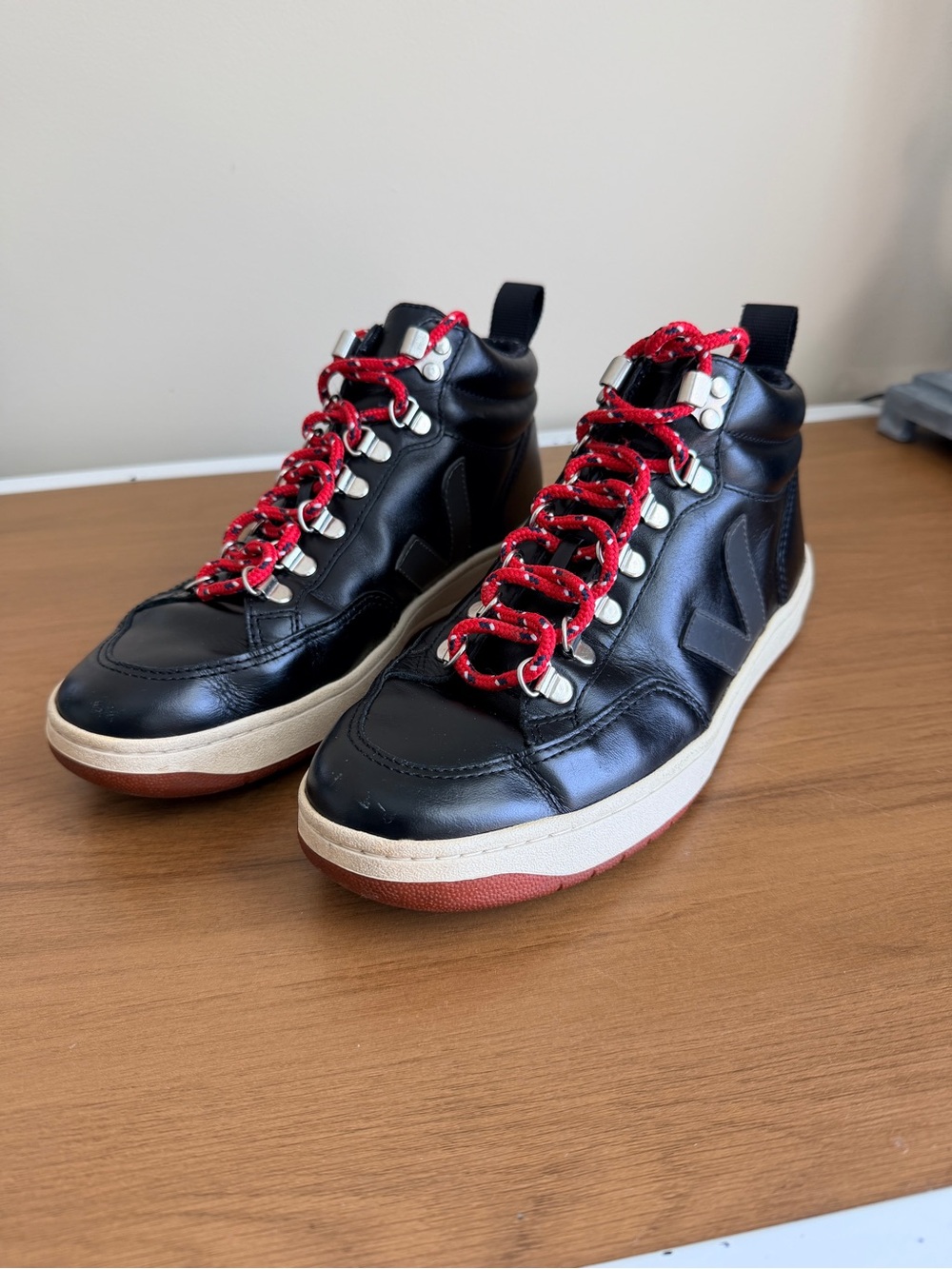 Veja Black Leather High-Top Sneakers with Red Laces